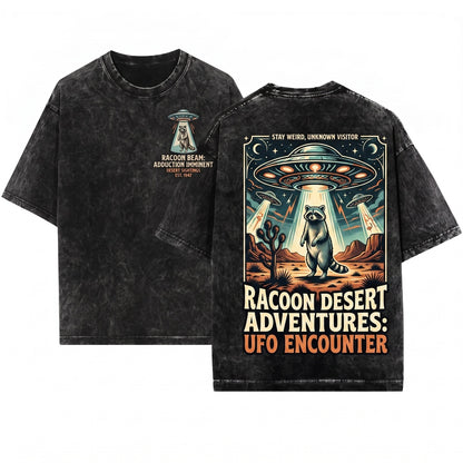 Retro Alien Raccoon UFO Desert Abduction Y2K Sci Fi Western Funny Animal Gift Unisex Wash T-Shirt