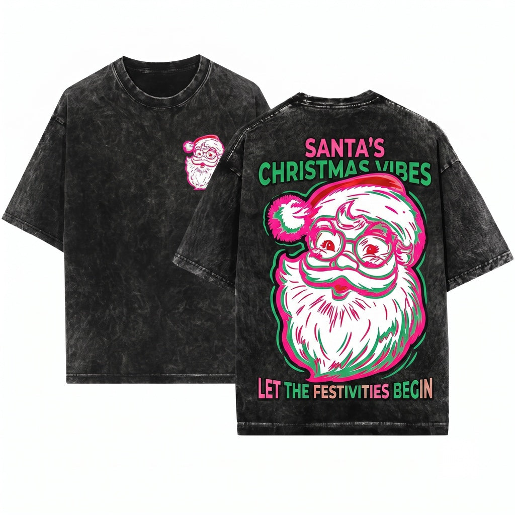 Pink Retro Minimalist Santa Line Art Vintage Christmas Holiday Graphic Unisex Wash T-Shirt