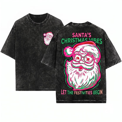Pink Retro Minimalist Santa Line Art Vintage Christmas Holiday Graphic Unisex Wash T-Shirt