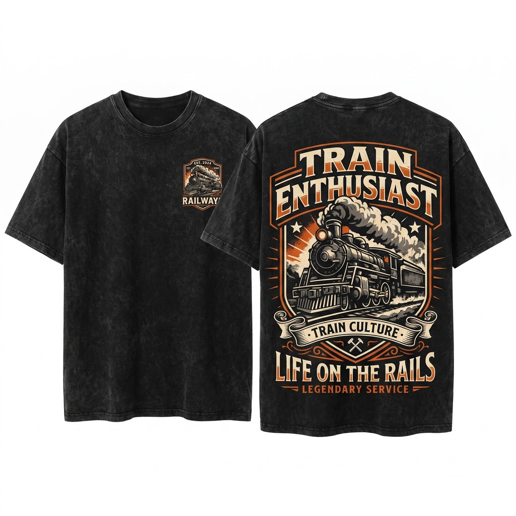 Vintage Steam Engine Locomotive Railroad Enthusiast Graphic Gift Unisex Wash T-Shirt