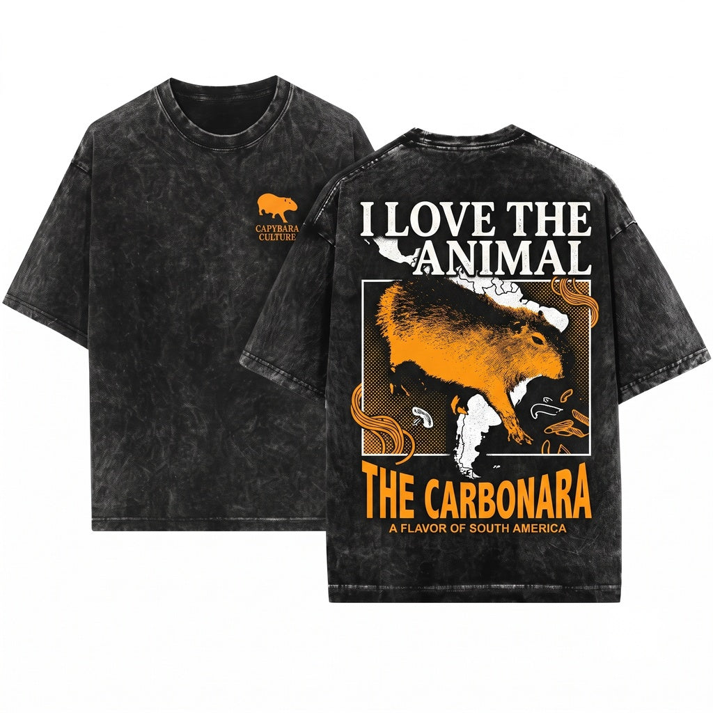Funny Carbonara Capybara Cute Animal Foodie Graphic Cotton Short Sleeve Unisex Wash T-Shirt
