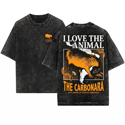 Funny Carbonara Capybara Cute Animal Foodie Graphic Cotton Short Sleeve Unisex Wash T-Shirt