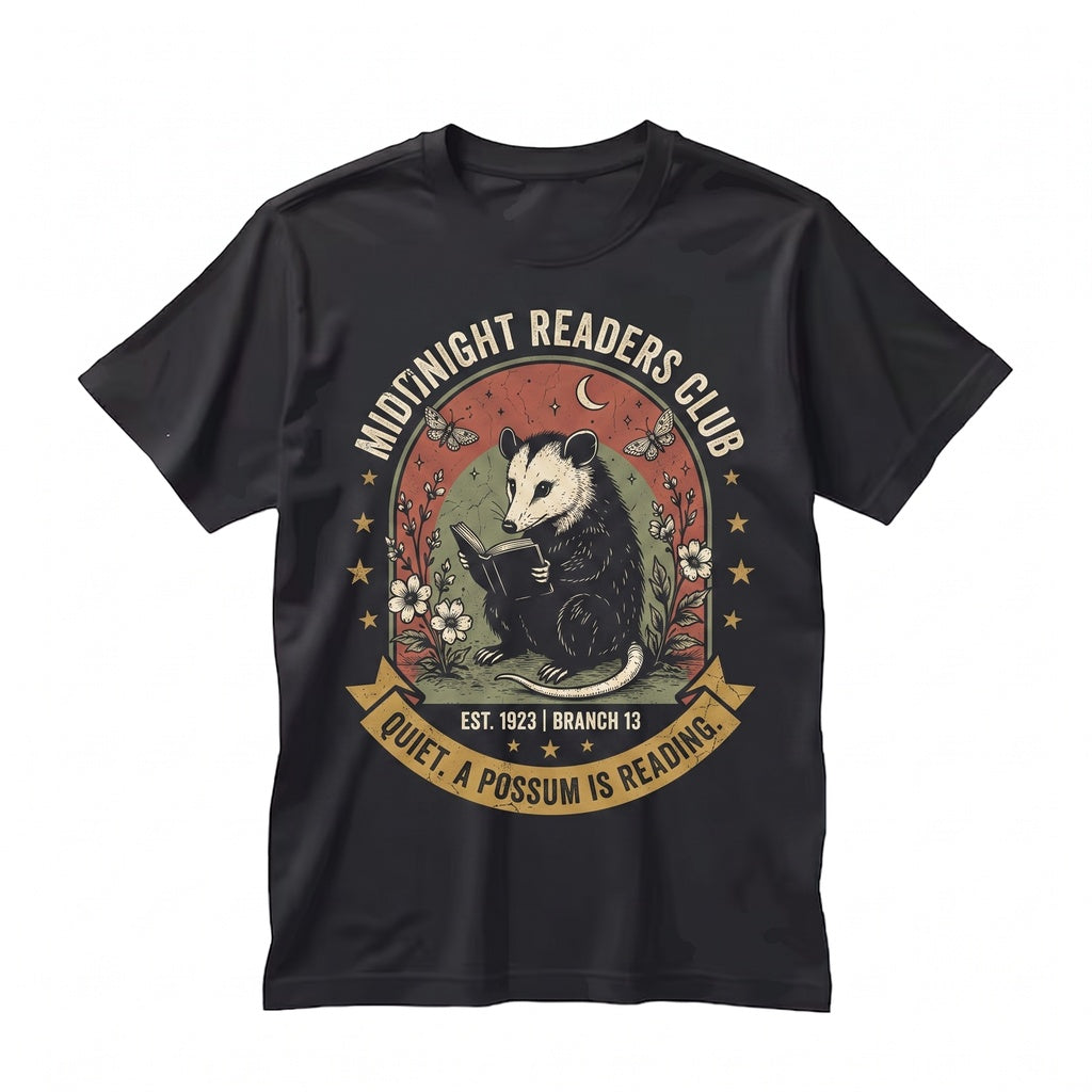 Vintage Reading Opossum Graphic Cute Book Lover Woodland Animal Cozy Nature Aesthetic Reader Gift Unisex TShirt