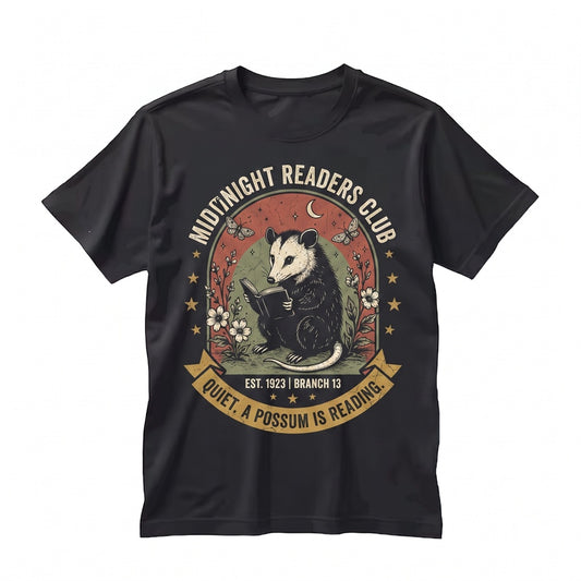 Vintage Reading Opossum Graphic Cute Book Lover Woodland Animal Cozy Nature Aesthetic Reader Gift Unisex TShirt