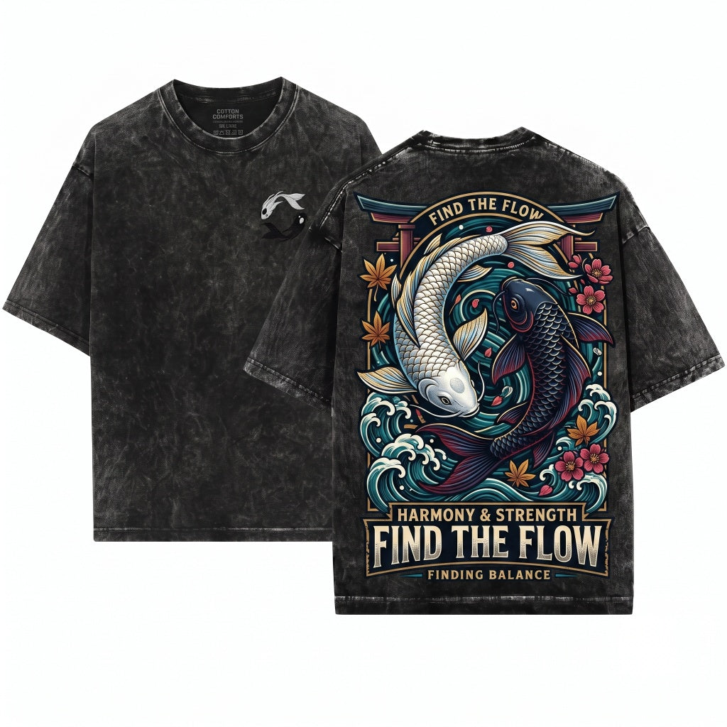 Moon Spirits Embroidered Northern Water Tribe Ocean Koi Fish Yin Yang Anime Unisex Wash T-Shirt