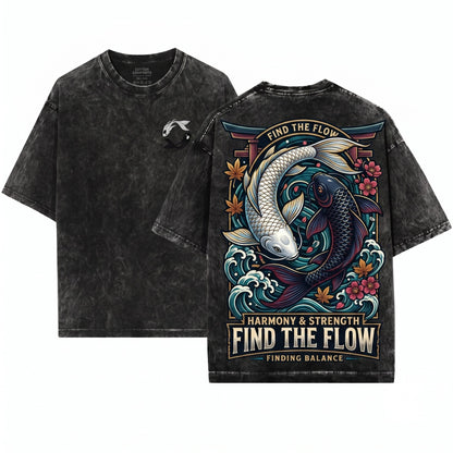 Moon Spirits Embroidered Northern Water Tribe Ocean Koi Fish Yin Yang Anime Unisex Wash T-Shirt