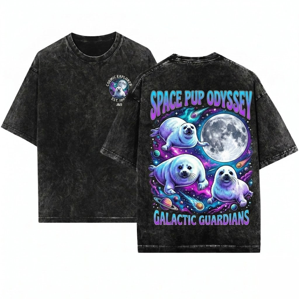 Three Baby Seal Retro Moon Vintage Graphic Cute Animal Lover Relaxed Adult Unisex Wash T-Shirt