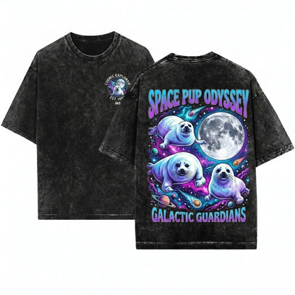 Three Baby Seal Retro Moon Vintage Graphic Cute Animal Lover Relaxed Adult Unisex Wash T-Shirt