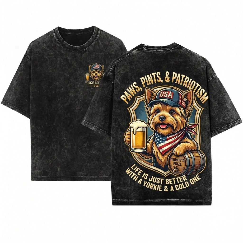 Funny Patriotic USA Yorkie Dog Lover Drinking Beer 4th Of July Independence Day Meme Gift Unisex Wash T-Shirt