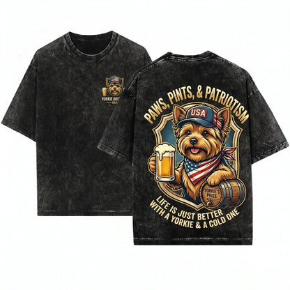 Funny Patriotic USA Yorkie Dog Lover Drinking Beer 4th Of July Independence Day Meme Gift Unisex Wash T-Shirt