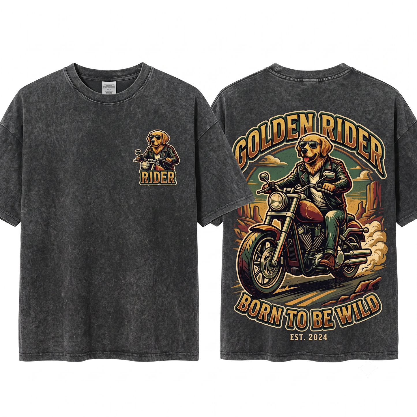 Retro Golden Retriever Riding Motorcycle Shirt Funny Biker Dog Mom Dad Gift Unisex Heavyweight Garment-Dyed T-Shirt