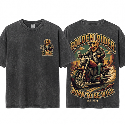 Retro Golden Retriever Riding Motorcycle Shirt Funny Biker Dog Mom Dad Gift Unisex Heavyweight Garment-Dyed T-Shirt