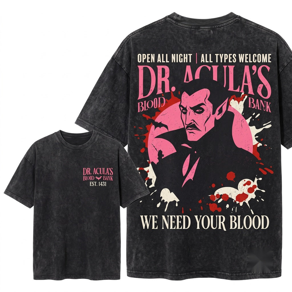 Vintage Halloween Vampire Dr Acula Blood Bank Unisex Wash T-Shirt