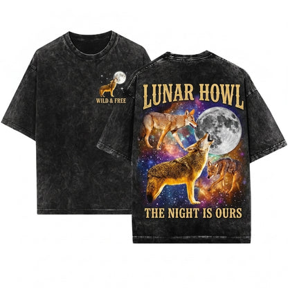 Three Coyote Retro Vintage Moon Oversized Funny Graphic Unisex Wash T-Shirt