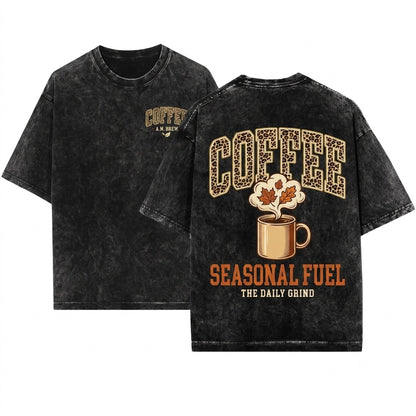 Coffee Lover Autumn Fall Weather Girly Leopard Print Womens Unisex Wash T-Shirt