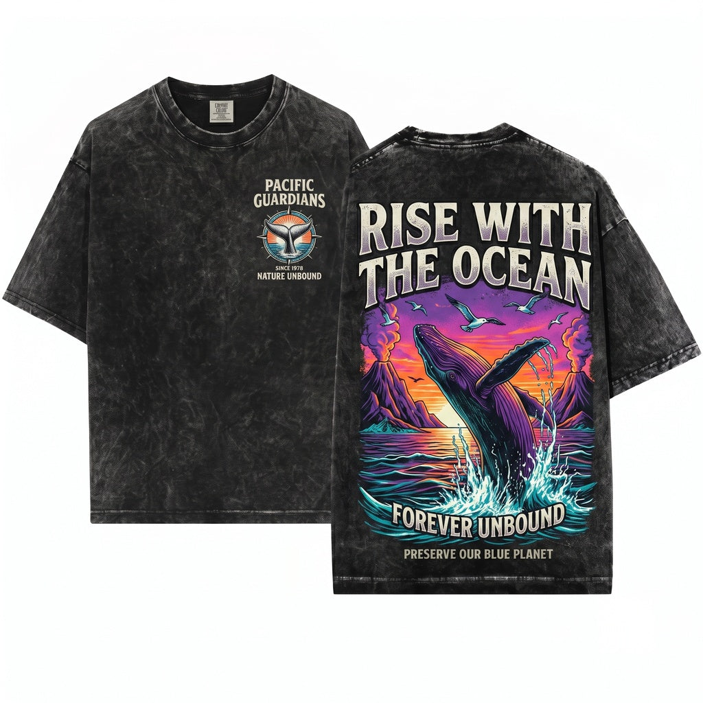 Vintage Humpback Whale Sunset Graphic Breaching Ocean Giant Retro Marine Life Aesthetic Gift Unisex Wash T-Shirt