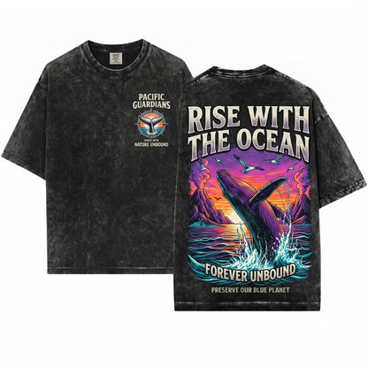 Vintage Humpback Whale Sunset Graphic Breaching Ocean Giant Retro Marine Life Aesthetic Gift Unisex Wash T-Shirt