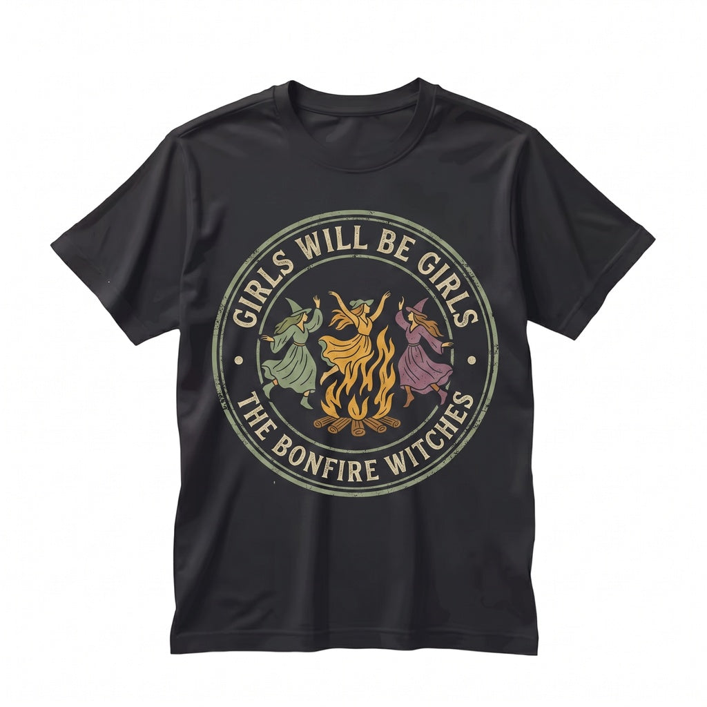 Girls Will Be Retro Dancing Witch Bonfire Spooky Halloween Unisex TShirt