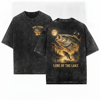 Bass Fish Howling Moon Retro Angler Gift 90s Animal Apparel Unisex Wash T-Shirt