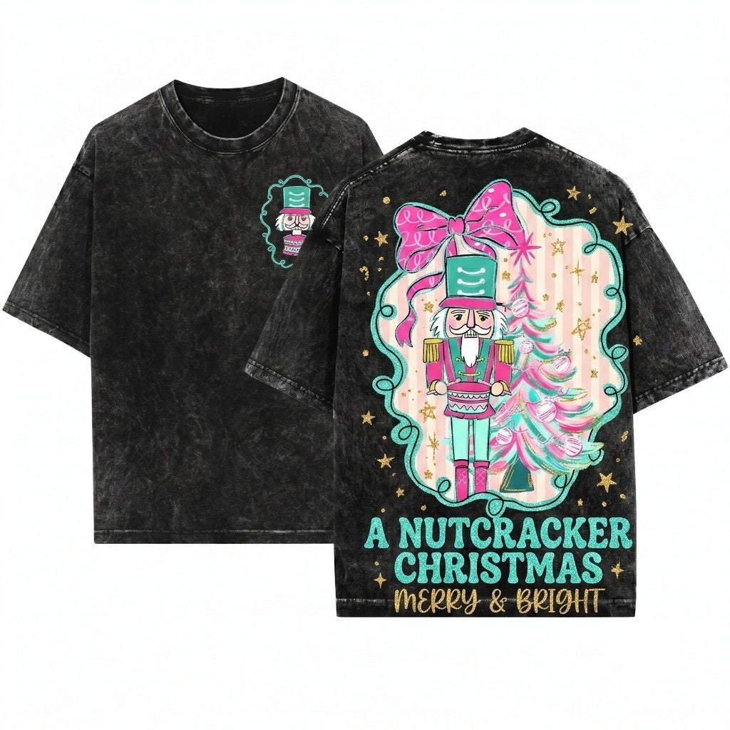 Glitter Pink Nutcracker Christmas Tree Colorful Brushstroke Blue Graphic Unisex Wash T-Shirt