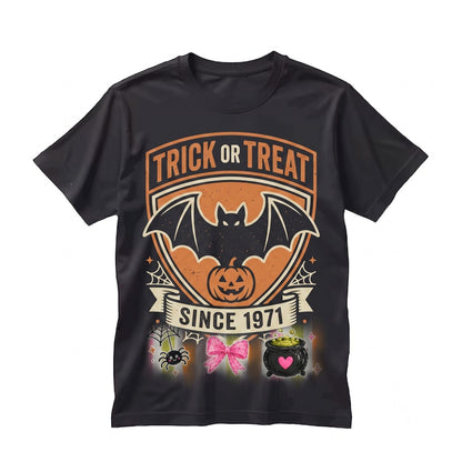Trick or Treat Halloween Striped Spooky Season Trendy Ghost Bat Graphic Coquette Girly Fall Unisex TShirt