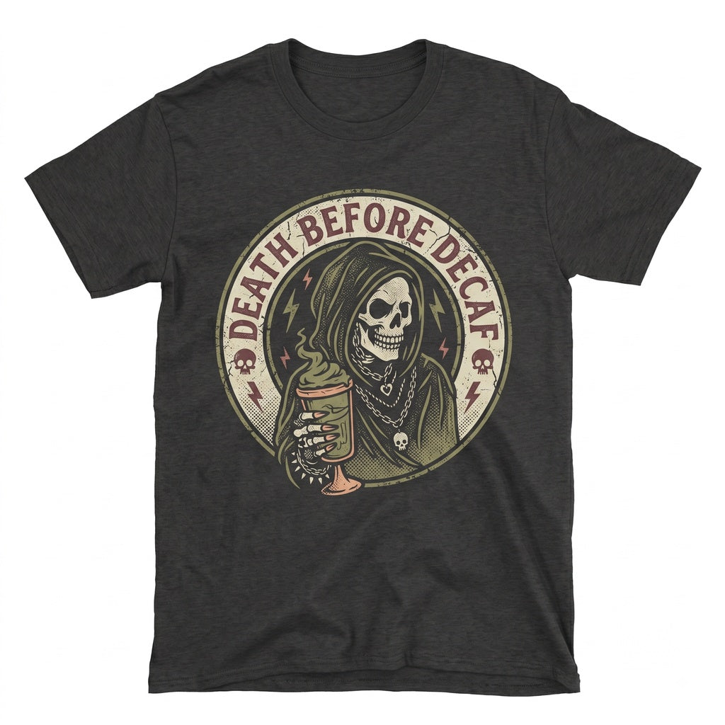 Death Before Decaf Funny Skeleton Coffee Lover Gift Spooky Goth Reaper Apparel Unisex TShirt