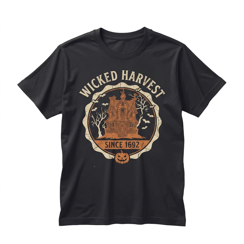 Retro Halloween Haunted House Front and Back Fall Autumn Bats Witches Skeleton Jack-O-Lanterns Unisex TShirt