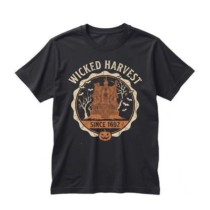 Retro Halloween Haunted House Front and Back Fall Autumn Bats Witches Skeleton Jack-O-Lanterns Unisex TShirt