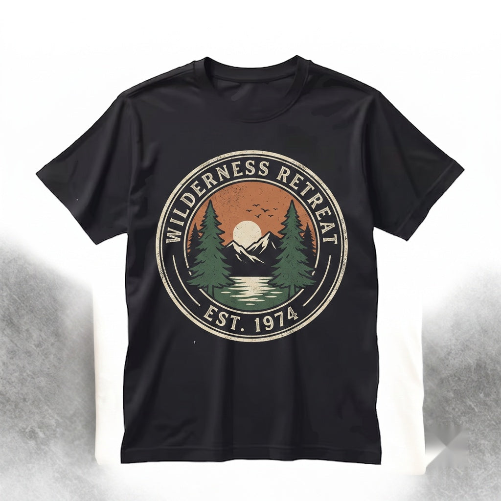 Vintage Mountain Lake Sunset Graphic Pine Forest Nature Rustic Wilderness Outdoor Gift Unisex TShirt