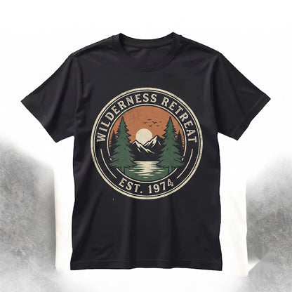 Vintage Mountain Lake Sunset Graphic Pine Forest Nature Rustic Wilderness Outdoor Gift Unisex TShirt