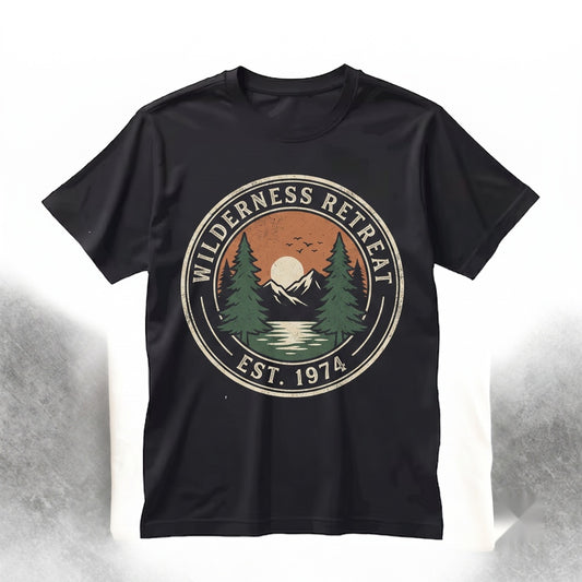 Vintage Mountain Lake Sunset Graphic Pine Forest Nature Rustic Wilderness Outdoor Gift Unisex TShirt