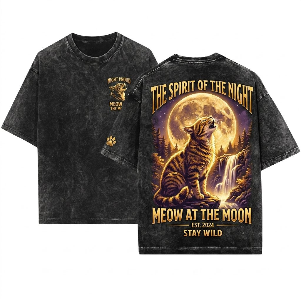 Retro Tiger Cat Howling Full Moon Graphic Comfort Cute Kitten Mom Gift Unisex Wash T-Shirt