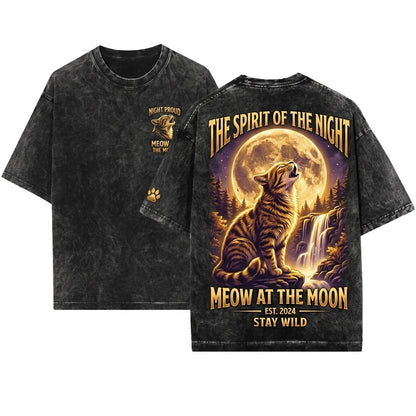 Retro Tiger Cat Howling Full Moon Graphic Comfort Cute Kitten Mom Gift Unisex Wash T-Shirt