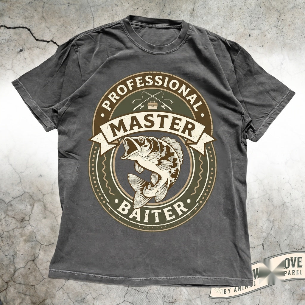 Master Baiter Funny Bass Fishing Joke Vintage Graphic Top, Father Day Pun Gift for Angler Dad Husband, Novelty Fish Lover