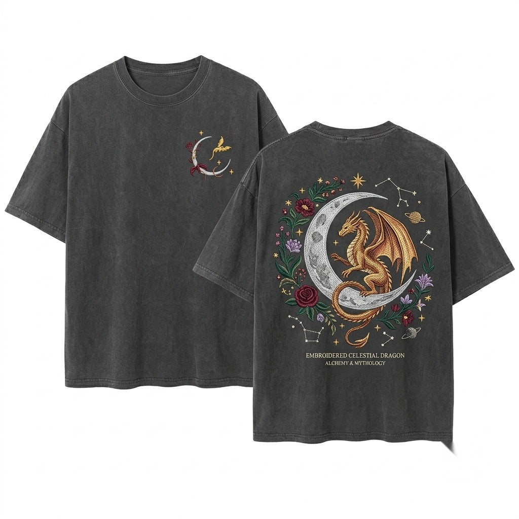 Embroidered Dragon Moon Witchy Goblincore Unisex Wash T-Shirt