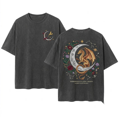 Embroidered Dragon Moon Witchy Goblincore Unisex Wash T-Shirt