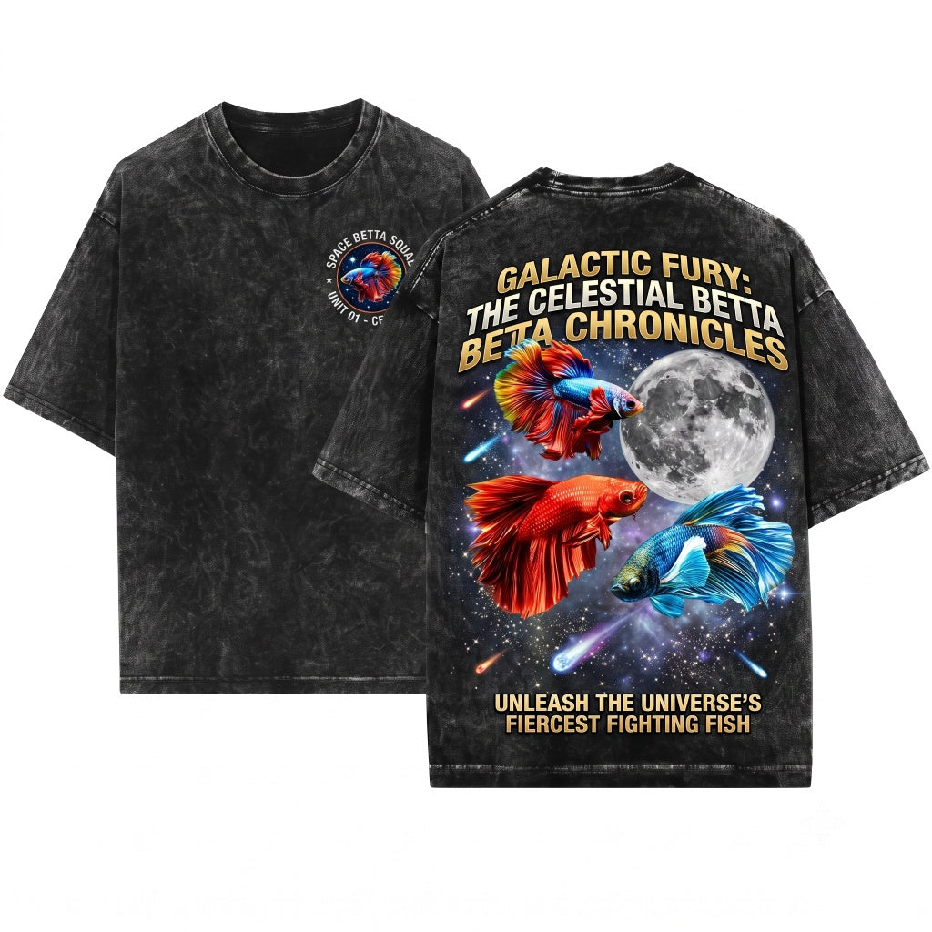 Three Siamese Betta Fighting Fish Retro Vintage Moon Graphic Oversized Funny Unisex Wash T-Shirt