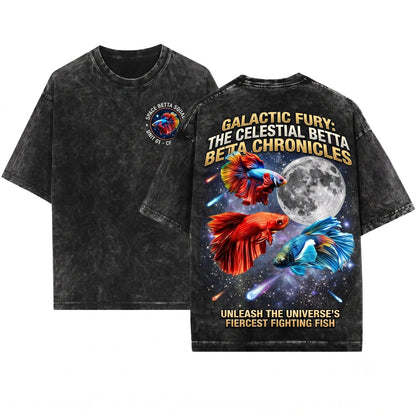 Three Siamese Betta Fighting Fish Retro Vintage Moon Graphic Oversized Funny Unisex Wash T-Shirt