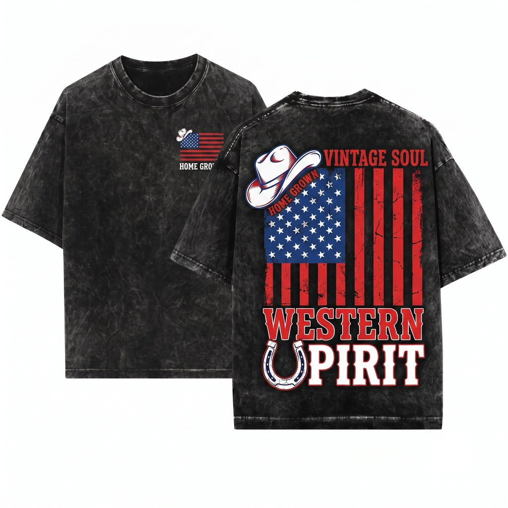 Western American Flag Cowboy Patriotic USA Tee Unisex Wash T-Shirt