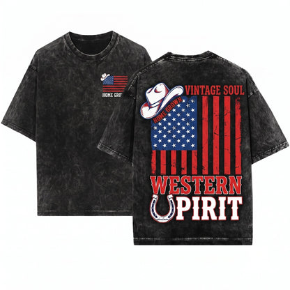 Western American Flag Cowboy Patriotic USA Tee Unisex Wash T-Shirt