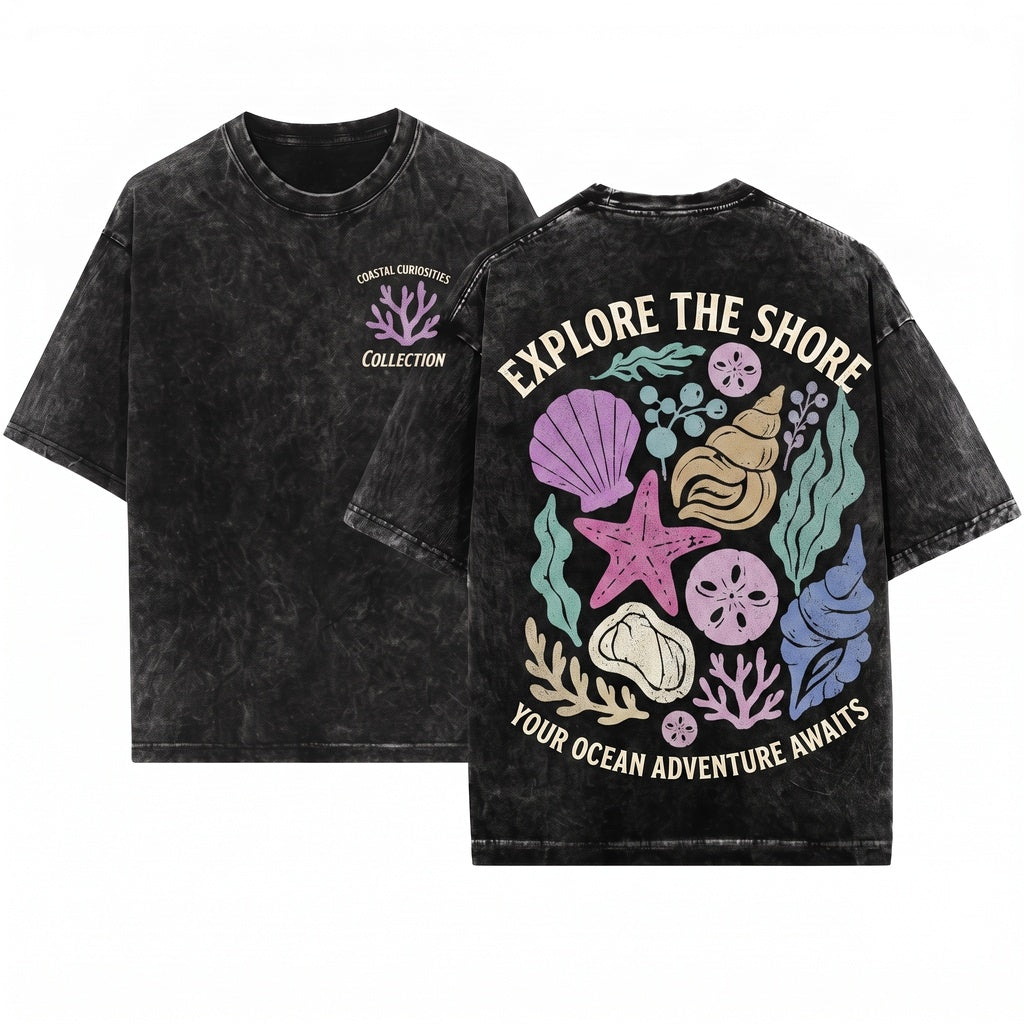Coastal Seashell Pastel Starfish Ocean Summer Vacation Graphic Top Unisex Wash T-Shirt