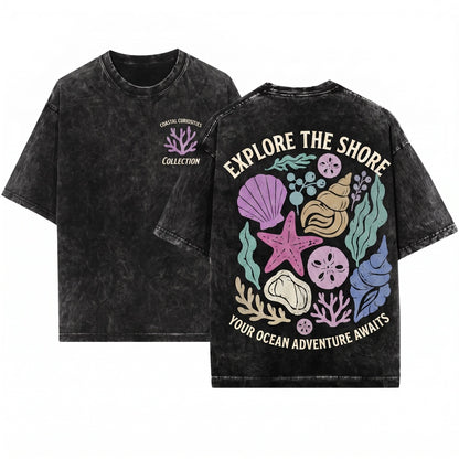 Coastal Seashell Pastel Starfish Ocean Summer Vacation Graphic Top Unisex Wash T-Shirt