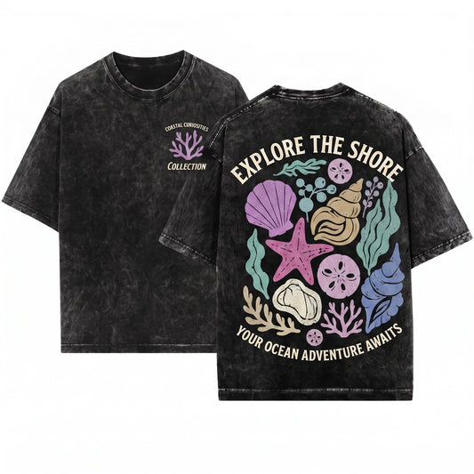 Coastal Seashell Pastel Starfish Ocean Summer Vacation Graphic Top Unisex Wash T-Shirt