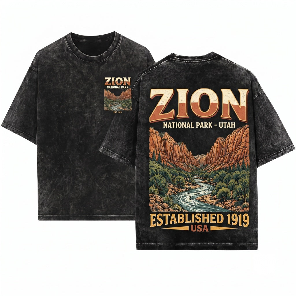 Retro Zion National Park Graphic Utah Canyon Outdoor Western Nature Gift Adventure Unisex Wash T-Shirt