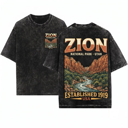 Retro Zion National Park Graphic Utah Canyon Outdoor Western Nature Gift Adventure Unisex Wash T-Shirt