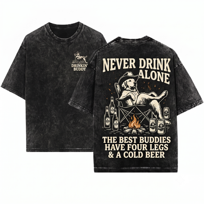 Golden Retriever Never Drink Alone Graphic Tee - Funny Dog Drinking Buddy Gift Outdoor Camping Chair Unisex Heavyweight Garment-Dyed T-Shirt