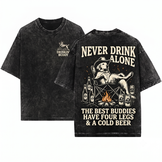Golden Retriever Never Drink Alone Graphic Tee - Funny Dog Drinking Buddy Gift Outdoor Camping Chair Unisex Heavyweight Garment-Dyed T-Shirt