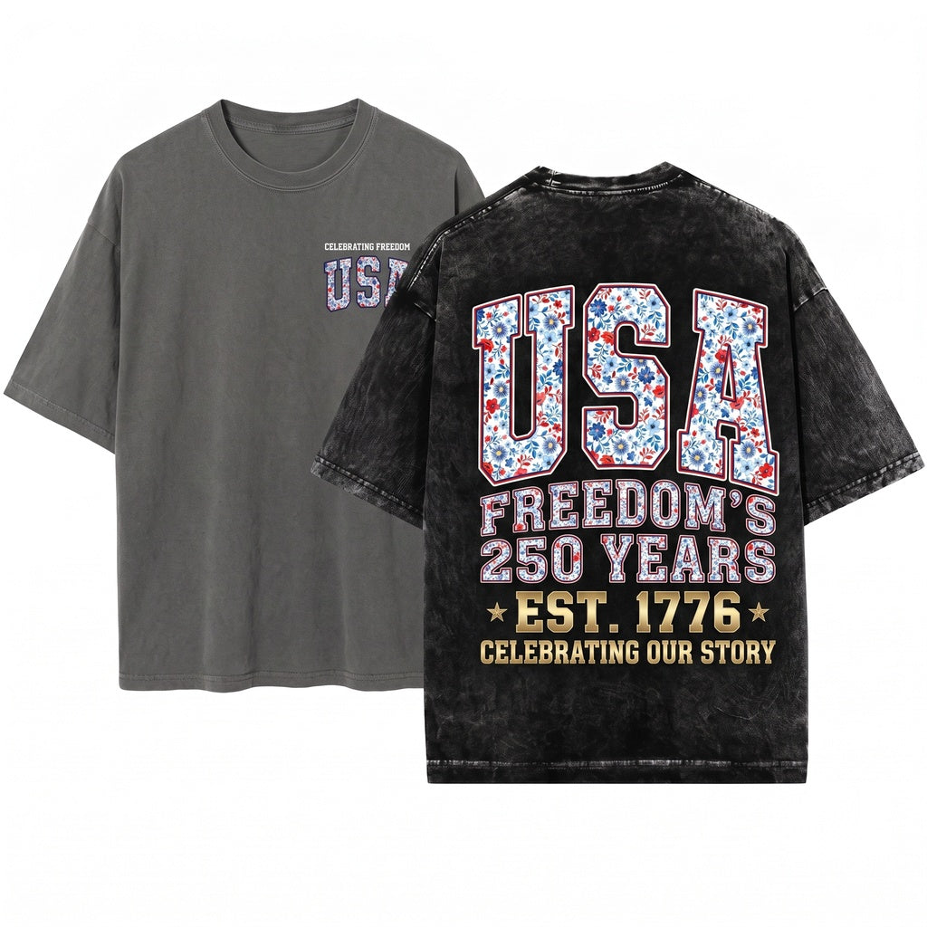 USA 250 Years Of Freedom Patriotic Floral Varsity Unisex Wash T-Shirt