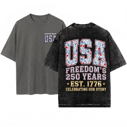 USA 250 Years Of Freedom Patriotic Floral Varsity Unisex Wash T-Shirt