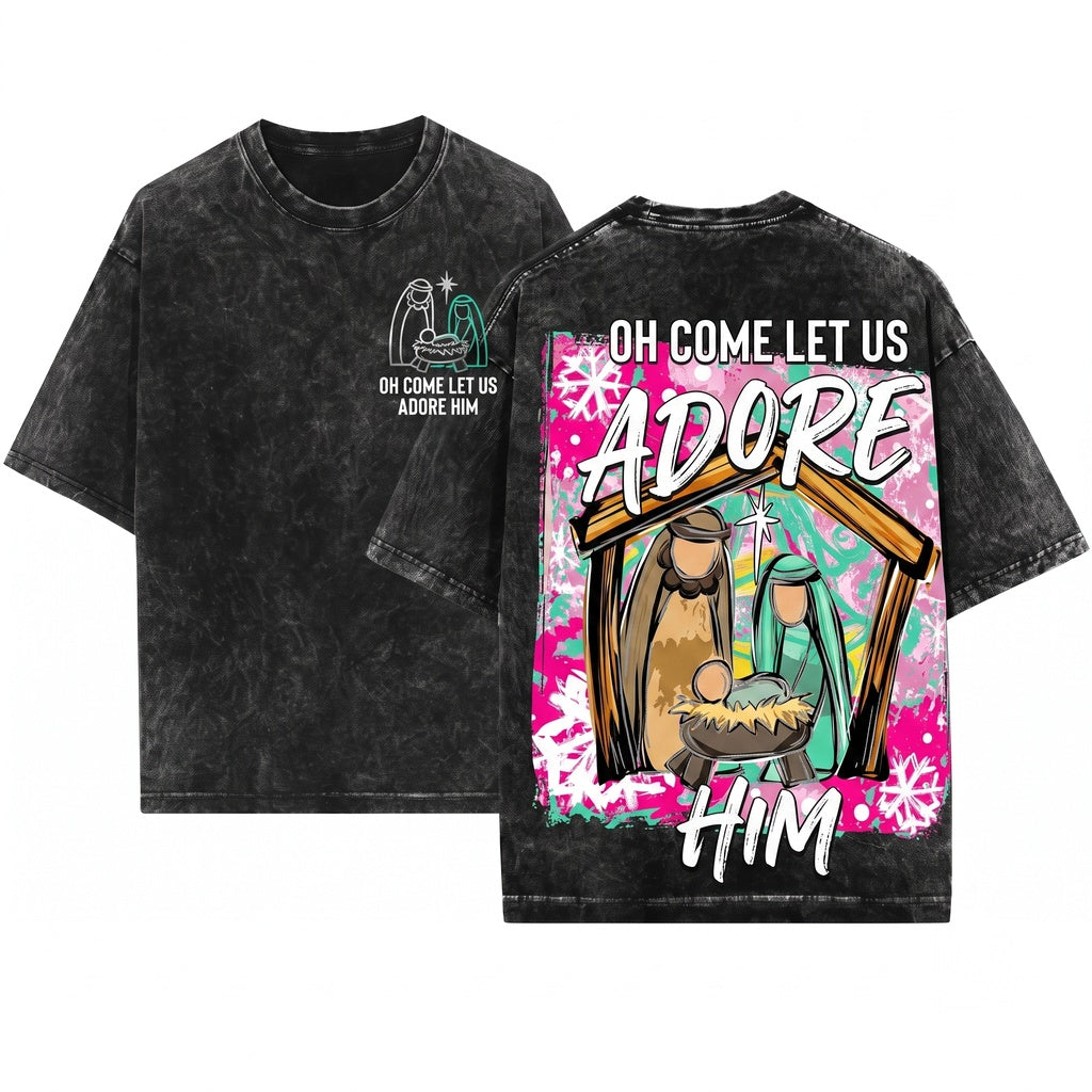 Colorful Distressed Christian Jesus Nativity Scene Oh Come Let Us Adore Him Christmas Unisex Wash T-Shirt